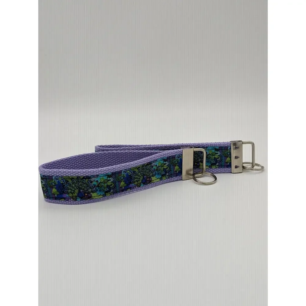 Peacock Keychain Wristlet Fabric Key FOB Gift Present Feathers Purple Green Bird